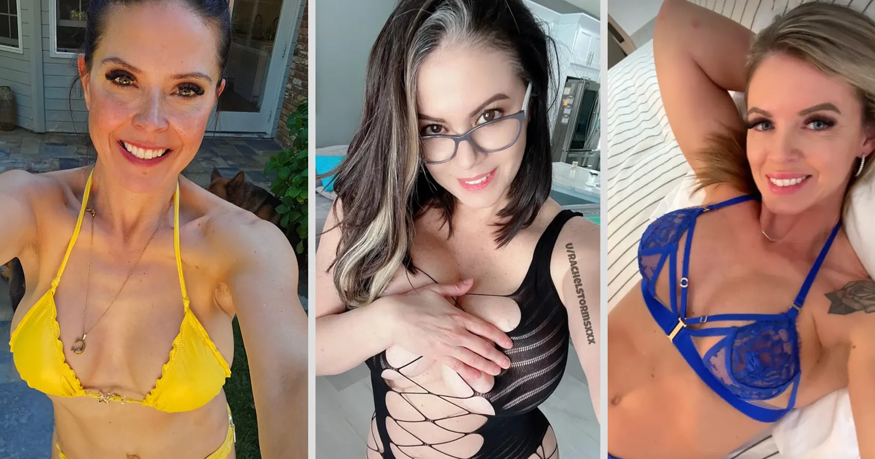 Collage of Cougar OnlyFans models posing in yellow bikini, black cutout bodysuit and blue lingerie while smiling confidently for selfies